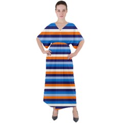 Ocean Blue Stripes V-neck Boho Style Maxi Dress by tmsartbazaar