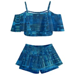 Blue Green Abstract Art Geometric Pattern Kids  Off Shoulder Skirt Bikini by SpinnyChairDesigns