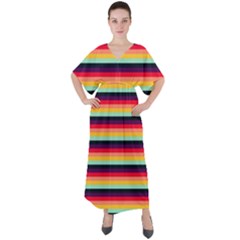 Contrast Rainbow Stripes V-neck Boho Style Maxi Dress by tmsartbazaar