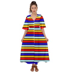 Red And Blue Contrast Yellow Stripes Kimono Sleeve Boho Dress by tmsartbazaar