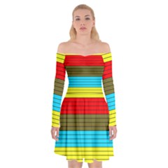 Multicolor With Black Lines Off Shoulder Skater Dress by tmsartbazaar