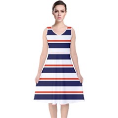 Red With Blue Stripes V-neck Midi Sleeveless Dress  by tmsartbazaar