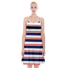 Red With Blue Stripes Spaghetti Strap Velvet Dress by tmsartbazaar