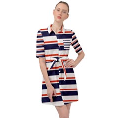 Red With Blue Stripes Belted Shirt Dress by tmsartbazaar