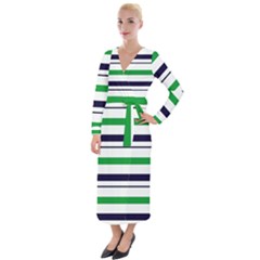 Green With Blue Stripes Velvet Maxi Wrap Dress by tmsartbazaar