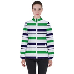 Green With Blue Stripes Women s High Neck Windbreaker by tmsartbazaar