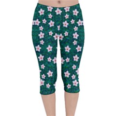 Porcelain Flowers  On Leaves Velvet Capri Leggings  by pepitasart