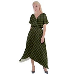 Army Green And Black Plaid Cross Front Sharkbite Hem Maxi Dress by SpinnyChairDesigns