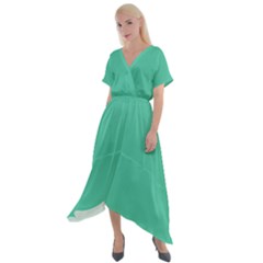 True Biscay Green Solid Color Cross Front Sharkbite Hem Maxi Dress by SpinnyChairDesigns