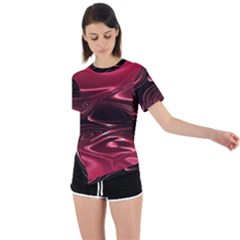 Crimson Red Black Swirl Asymmetrical Short Sleeve Sports Tee by SpinnyChairDesigns