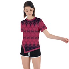 Boho Red Black Pattern Asymmetrical Short Sleeve Sports Tee by SpinnyChairDesigns