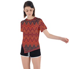 Boho Rust Orange Brown Pattern Asymmetrical Short Sleeve Sports Tee by SpinnyChairDesigns