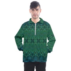 Boho Emerald Green And Blue  Men s Half Zip Pullover by SpinnyChairDesigns