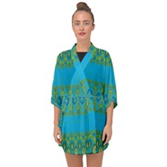 Boho Blue Green Pattern Half Sleeve Chiffon Kimono by SpinnyChairDesigns