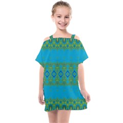 Boho Blue Green Pattern Kids  One Piece Chiffon Dress by SpinnyChairDesigns