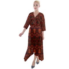 Boho Dark Red Floral Quarter Sleeve Wrap Front Maxi Dress by SpinnyChairDesigns