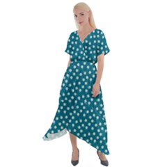 Teal White Floral Print Cross Front Sharkbite Hem Maxi Dress by SpinnyChairDesigns