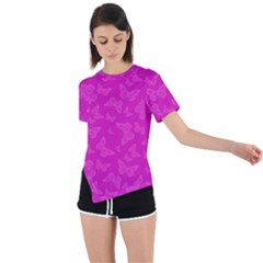 Fuchsia Butterfly Print  Asymmetrical Short Sleeve Sports Tee by SpinnyChairDesigns