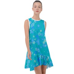 Aqua Blue Floral Print Frill Swing Dress by SpinnyChairDesigns