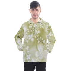 Olive Green With White Flowers Men s Half Zip Pullover by SpinnyChairDesigns