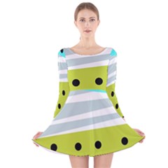 Mixed Polka Dots And Lines Pattern, Blue, Yellow, Silver, White Colors Long Sleeve Velvet Skater Dress by Casemiro