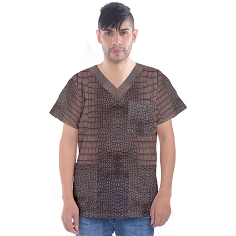 Brown Alligator Leather Skin Men s V-neck Scrub Top by LoolyElzayat