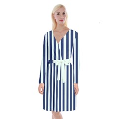 Navy In Vertical Stripes Long Sleeve Velvet Front Wrap Dress by Janetaudreywilson