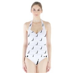 Black And White Cricket Sport Motif Print Pattern Halter Swimsuit by dflcprintsclothing