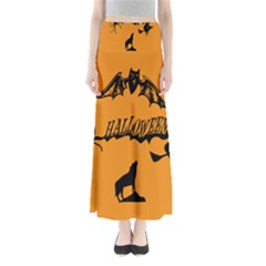 Happy Halloween Scary Funny Spooky Logo Witch On Broom Broomstick Spider Wolf Bat Black 8888 Black A Full Length Maxi Skirt by HalloweenParty