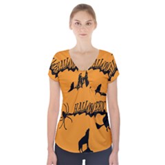 Happy Halloween Scary Funny Spooky Logo Witch On Broom Broomstick Spider Wolf Bat Black 8888 Black A Short Sleeve Front Detail Top by HalloweenParty