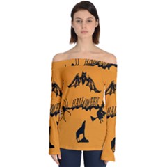 Happy Halloween Scary Funny Spooky Logo Witch On Broom Broomstick Spider Wolf Bat Black 8888 Black A Off Shoulder Long Sleeve Top by HalloweenParty