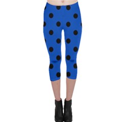 Large Black Polka Dots On Absolute Zero Blue - Capri Leggings  by FashionLane