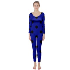 Large Black Polka Dots On Admiral Blue - Long Sleeve Catsuit by FashionLane