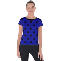 Large Black Polka Dots On Admiral Blue - Short Sleeve Sports Top  by FashionLane