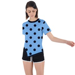 Large Black Polka Dots On Aero Blue - Asymmetrical Short Sleeve Sports Tee by FashionLane