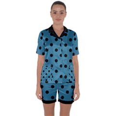 Large Black Polka Dots On Blue Moon - Satin Short Sleeve Pajamas Set by FashionLane