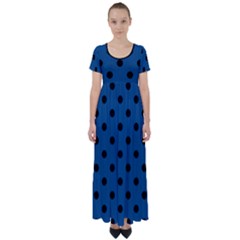 Large Black Polka Dots On Classic Blue - High Waist Short Sleeve Maxi Dress by FashionLane