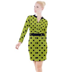 Large Black Polka Dots On Acid Green - Button Long Sleeve Dress by FashionLane