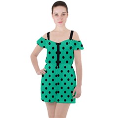 Large Black Polka Dots On Caribbean Green - Ruffle Cut Out Chiffon Playsuit by FashionLane