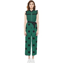 Large Black Polka Dots On Christmas Green - Women s Frill Top Jumpsuit by FashionLane