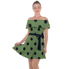 Large Black Polka Dots On Crocodile Green - Off Shoulder Velour Dress by FashionLane