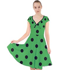 Large Black Polka Dots On Just Green - Cap Sleeve Front Wrap Midi Dress by FashionLane