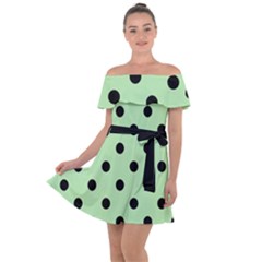 Large Black Polka Dots On Pale Green - Off Shoulder Velour Dress by FashionLane