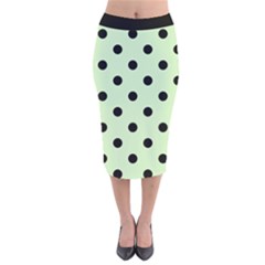 Large Black Polka Dots On Tea Green - Velvet Midi Pencil Skirt by FashionLane