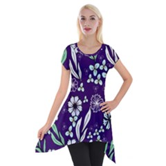 Floral Blue Pattern  Short Sleeve Side Drop Tunic by MintanArt