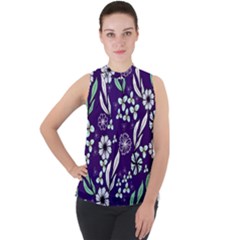 Floral Blue Pattern  Mock Neck Chiffon Sleeveless Top by MintanArt