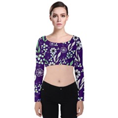 Floral Blue Pattern  Velvet Long Sleeve Crop Top by MintanArt