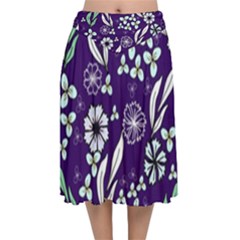 Floral Blue Pattern  Velvet Flared Midi Skirt by MintanArt