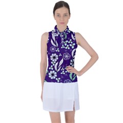 Floral Blue Pattern  Women s Sleeveless Polo Tee by MintanArt