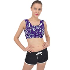 Floral Blue Pattern  V-back Sports Bra by MintanArt